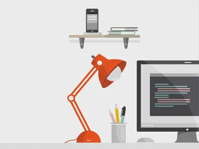 Desk Illustration books code desk editor illustration lamp mobile monitor shelf vector