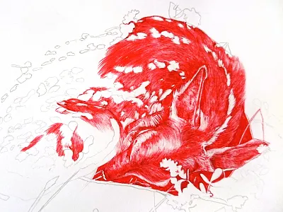 Sleeping fawn animal bambi biro deer fawn fineart forest illustration leaves realistic sketch sleeping