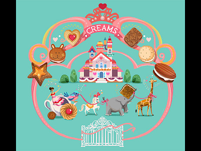 Biscuit Tin Illustration animals bird biscuit cookies cream sandwich cute elephant giraffe horse jelly tea woman