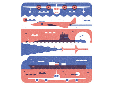 Military manoeuvres editorial graphic illustration military missile monocle plane retro ship submarine texture vintage