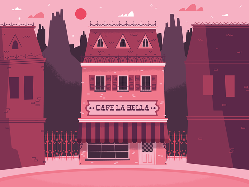 Illustration | "Cafe La Bella" building color design disney doodle fun illustration illustrator line work night sketch sky