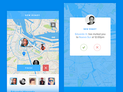 Roady Screens avatars blue friends interface map modal popup