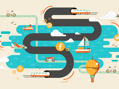 Social media and travel bicycle boat cloud design flat illustration plane sea social social media vector vehicle