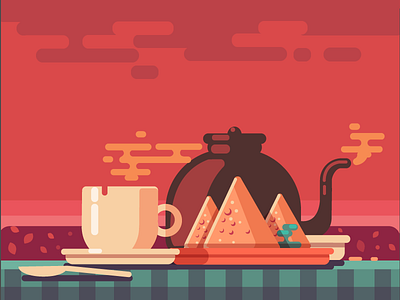 Snack - Chai Samosa chai clouds evening flat flat illustration outdoor samosa snack sunset tea warm