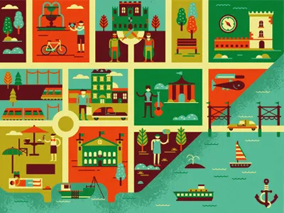 Visit Lisbon beach bicycle bridge car castle fountain map ship tourist train umbrella