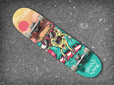 Pizza Boy Surfing (Artwork for sale) deck hungry illustrator margherita pizza shades skateboard slice summer surf vector wave