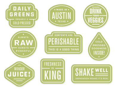 Wonder Juice! badges daily greens gold lunchbox karl hebert stickers