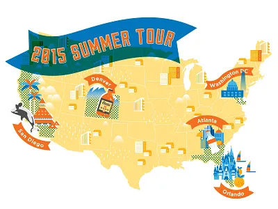 Summer Tour Map atlanta coors denver disney magic kingdom illustration orlando san diego vector white house