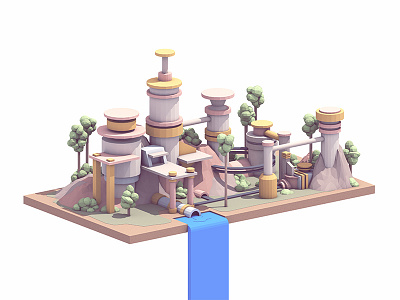 Waterfall Village 3d architecture c4d cinema 4d cylinder grass lowpoly render tree village water waterfall