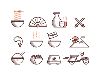 Japanese Restaurant Icons branding icons identity illustration japanese maki sushi