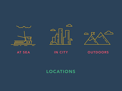 Locations icons boat city flat icons locations mountain outdoors sea simple style