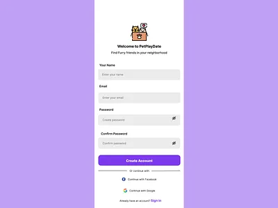 Signup Page for Pet dates/meetups #DailyUI app design illustration typography ui ux