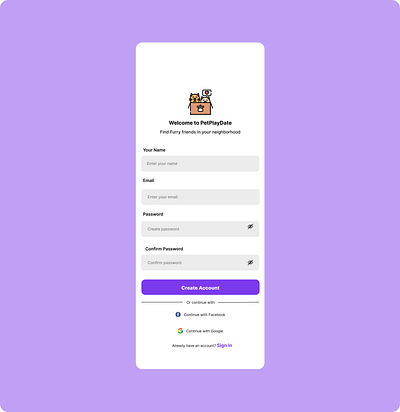 Signup Page for Pet dates/meetups #DailyUI app design illustration typography ui ux