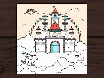 Above the Clouds castle clouds colorful dangerdom dominic flask flat illustration neonmob pegasus rainbow texture vector