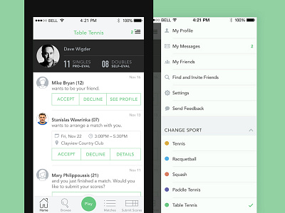 Racquet Sports Home feed home menu mobile ui ux