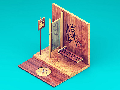 Outside 3d busstop c4d cut illustration isometric slice wood