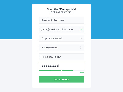 Breezeworks Sign Up design fields form get started login password sign in signup ui ux visual web