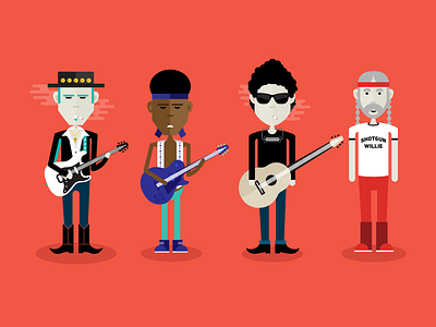 Legends bob dylan flat illustration jimi hendrix steve ray vaughan vector willie nelson