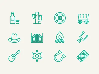 Wild West badge cactus campfire cowboy hat dynamite guitar horseshoe icon spur wagon whiskey