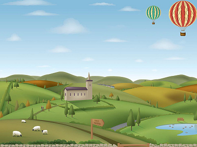 Yorkshire landscape (all vector) balloon church illustration landscape scene scenery sheep vector yorkshire
