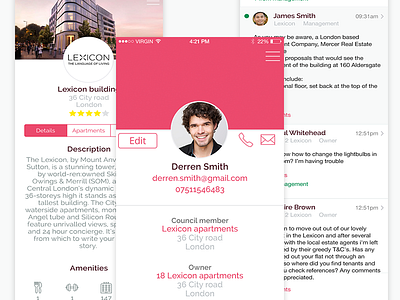 Profile pages apartment app building flat forum message mobile profile raleway ui ux