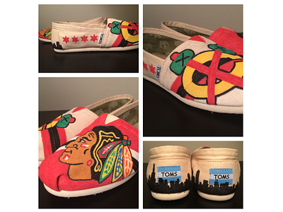 Toms 2 blackhawks chicago flag hand painted hawks hockey painted shoes toms