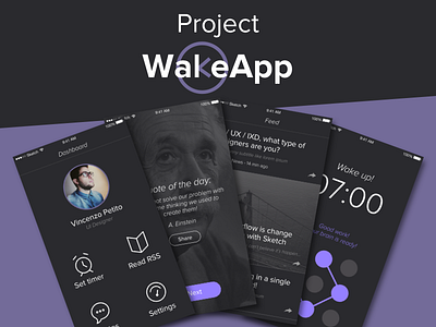 WakeApp - Project alarm app dashboard design feed icon minimal quotes rss ui users ux