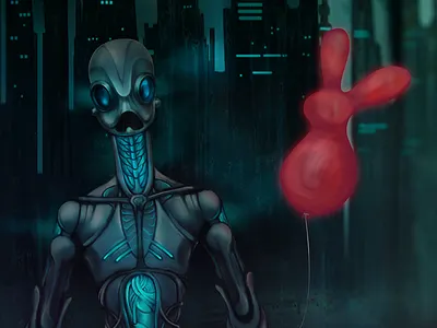 Robot with red rabbit baloon baloon blue city dark rabbit robot sci fi