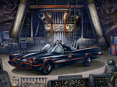 Batcave art batcave batman batmobile chet phillips comic book illustration