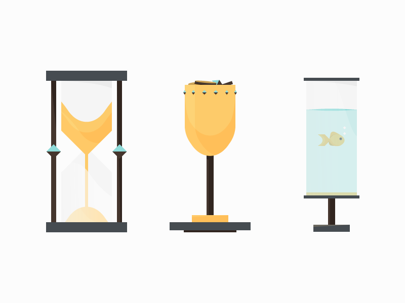 Aquarium Illustrations blue fish goblet gold hour glass illustrations nautical talent time treasure value yellow