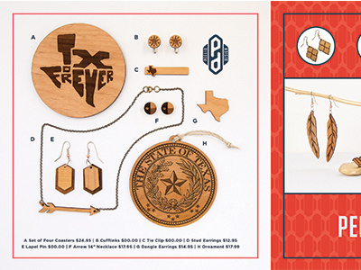 Sales Sheet Back Detail coaster cuff links engraved jewelry laser laser burn minimal ornament texas waco wood