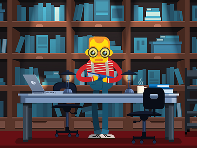 The fine book book chair desk geek illustration laptop library nerd