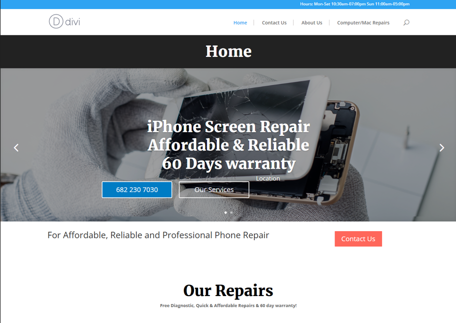 Smartphone Repair WordPress Website business divi landing page design mobile repair smartphone repair ui design webdesign website website devlopment website redesign
