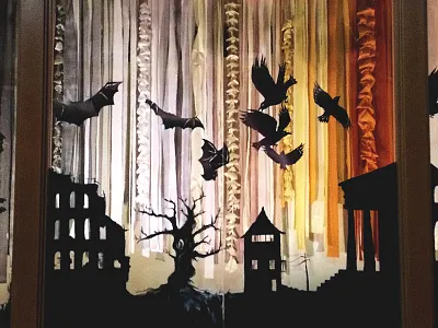 Window Dressing - The Dead Lands Installation cut paper fabric installation paint ruins silhouette textiles tree window display
