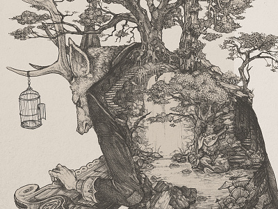 Dreamfolk artwork EMI birdcage deer dreamfolk emi sketch trees waterfall zither