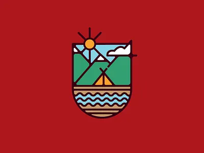Let's go camping badge camp illustration mountains river