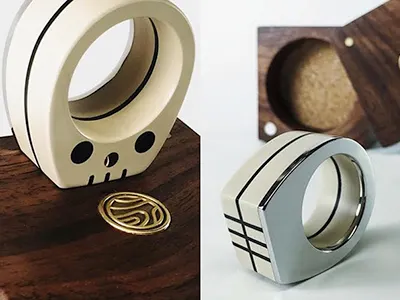 Bonehead ring/figure bones chrome handmade minimal ring simple skull walnut wood