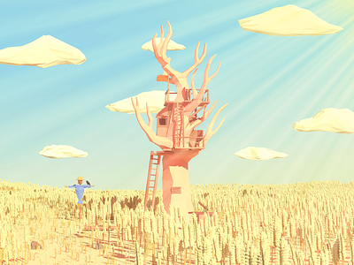 Low Poly Grain Field 3d art blender clouds grain low poly render tree tree house