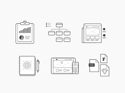 Koombea Process design development flat icons outline process sketch