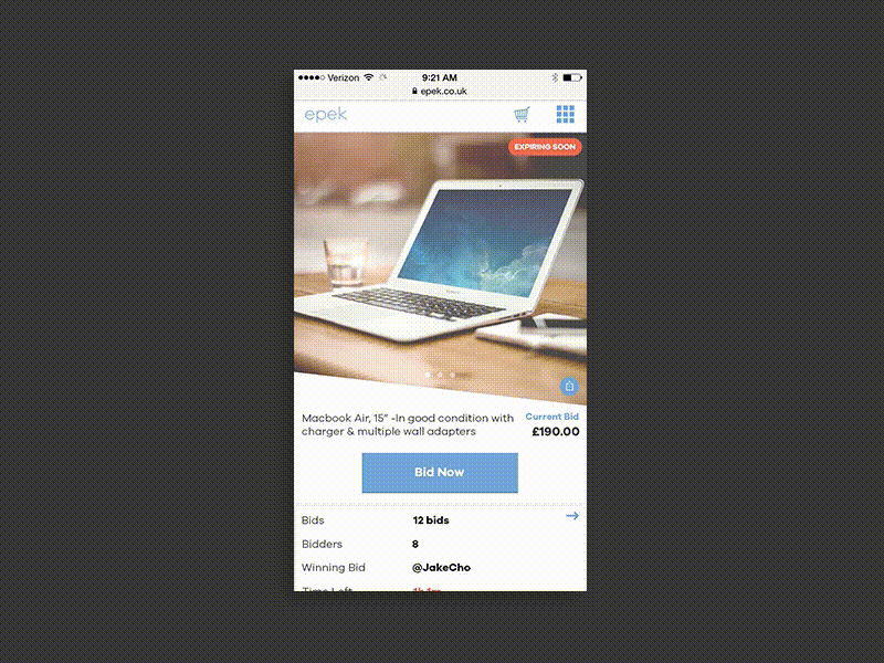 Place Bid for Auction Item auction bid bidding e commerce motion ui ux uxmotion