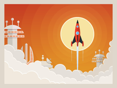 Red Rocket flat rocket spaceship station sun vector