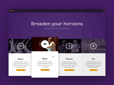 The Arts at MCC Website - Alternate Direction art direction arts contemporary events hover interaction purple ui web design website