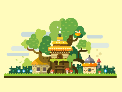 Fantastic landscape, tree house background building cartoon fairy tale flat forest game house illustration landscape tree vector