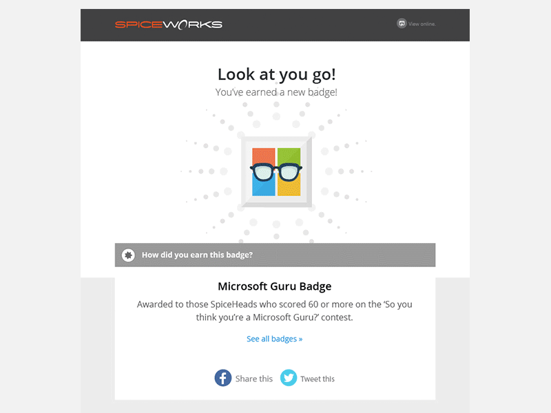 Celebratory Notification Emails answers badge emails follower notifications orange reward share spiceworks