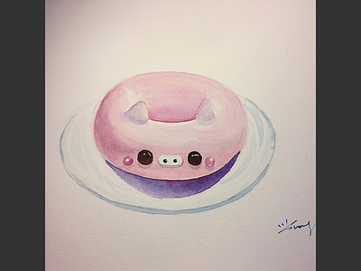 Watercolor Sweets - Pink Piggy Donut art card dessert painting watercolor