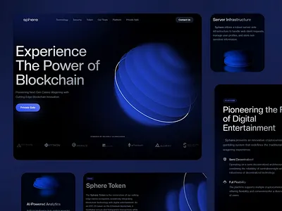 Sphere - interactive casino landing page blockchain tech casino tech crypto dark mode ui fintech design gambling platform design gaming platform interactive design landing page landing page design minimalistic casino desing neon blue theme online casino sphere ui ui design for casino ui ux ui ux design ux web3 development