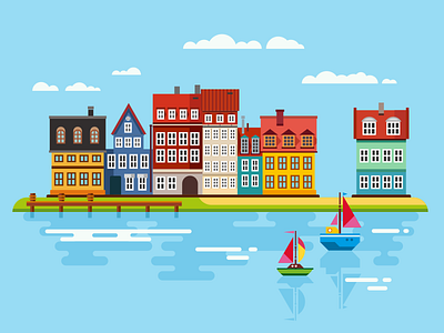 Nyhavn Harbour boat canal flat harbor illustration kit8 nyhavn river vector waterfront