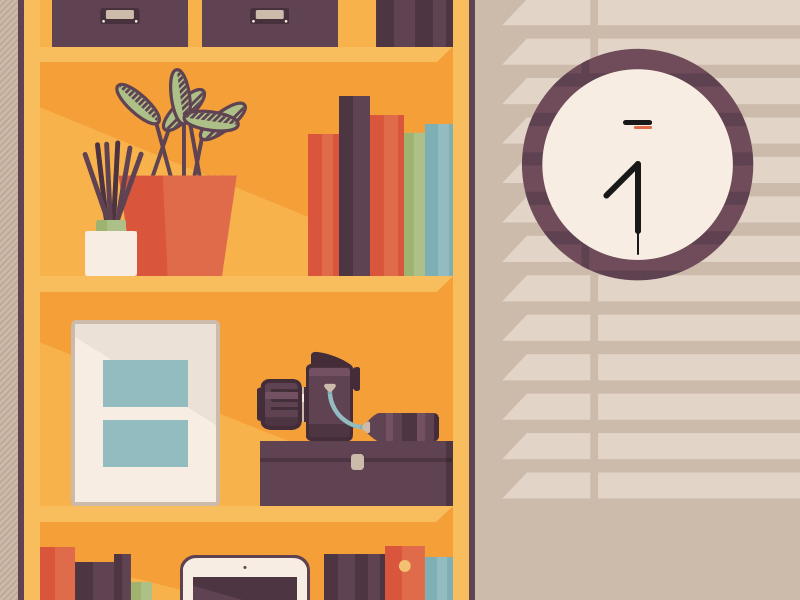 Morning Light bookshelf clock dslr frame illustration light office plant shutters time wall