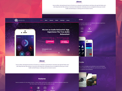 Aurora App Landing Page Redesign app audio aurora carousel landing page music purple relax relaxation ui ux web