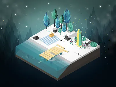 Nighttime picnic game geometric isometric lake lichting minimal night pier shore stars tile